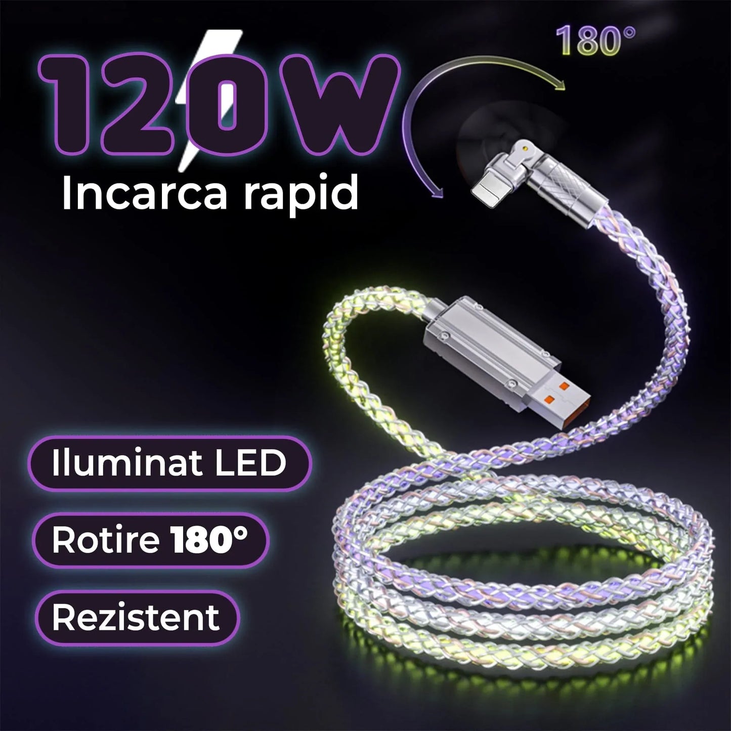 Cablu Date si Incarcare Rapida Timebox, USB - Lightning, 120W, 1m, iluminat LED