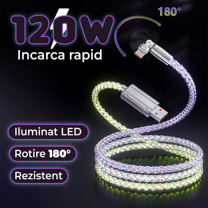 Cablu Date si Incarcare Rapida Timebox, USB - Type-C, 120W, 1m, iluminat LED