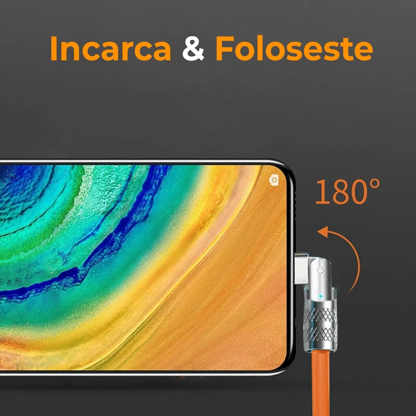 Cablu Date si Incarcare Rapida Timebox, 120W, 2m, Rotire 180 grade, Portocaliu