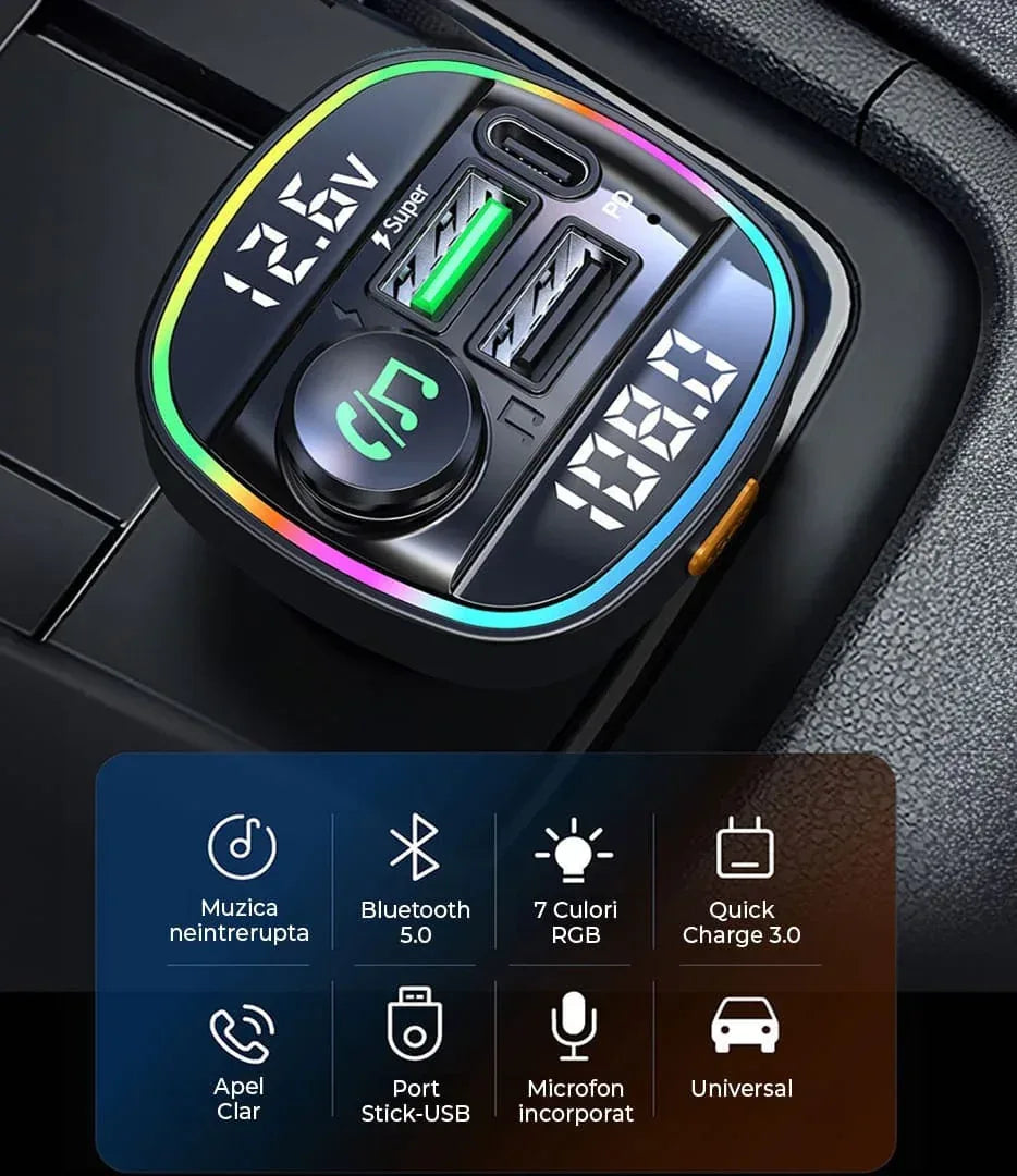 Modulator FM Timebox, Hands-Free Kit cu 10 functii, Incarcator auto cu functie de incarcare rapida, Type-C, 2 x QC 3,0, Bluetooth 5,0, Negru - 221.ro