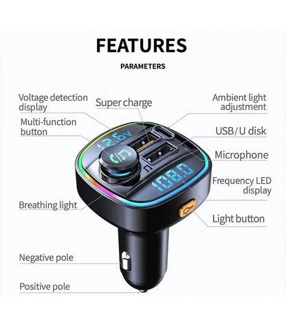 Modulator FM Timebox, Hands-Free Kit cu 10 functii, Incarcator auto cu functie de incarcare rapida, Type-C, 2 x QC 3,0, Bluetooth 5,0, Negru - 221.ro