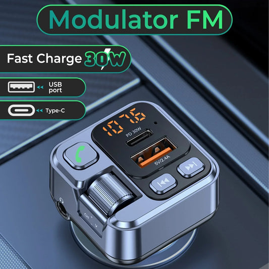 Modulator FM Timebox, Hands-Free, Incarcator auto cu functie de incarcare rapida 30w, QC 3,0, Port USB Type-C, Conector AUX, Bluetooth 5,0 - 221.ro