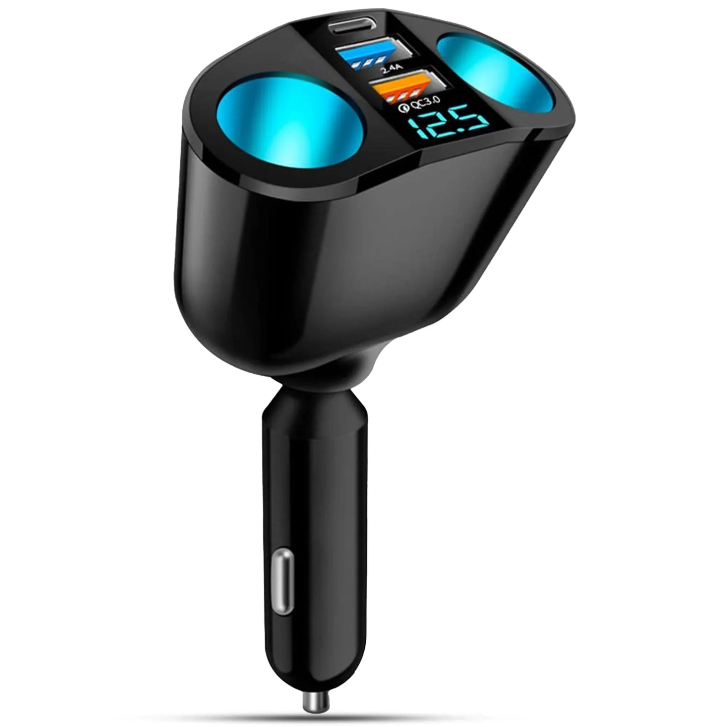 Adaptor priza auto multiplicator 120 W Timebox, 2x soclu auto, 2 x USB, Negru