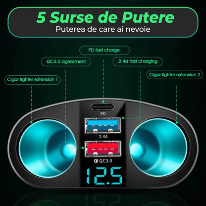 Adaptor priza auto multiplicator 120 W Timebox, 2x soclu auto, 2 x USB, Negru