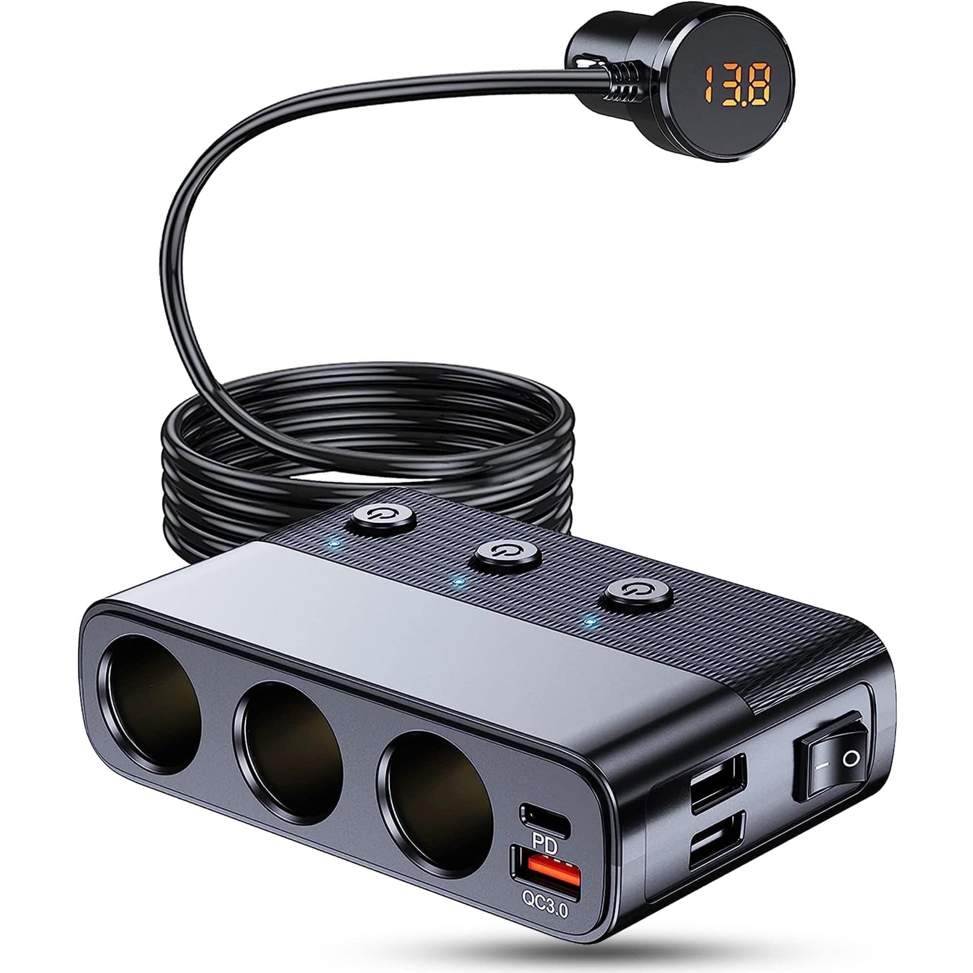 Adaptor priza Timebox, incarcator auto 7 in 1 multiplicator 128W, 3x soclu auto, 3 x USB, Q,C 3,0, 1 x USB-C, afisaj display voltaj, Negru - 221.ro