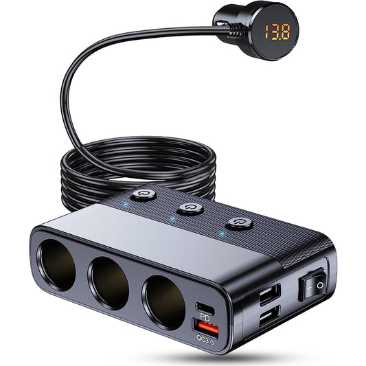 Adaptor priza Timebox, incarcator auto 7 in 1 multiplicator 128W, 3x soclu auto, 3 x USB, Q,C 3,0, 1 x USB-C, afisaj display voltaj, Negru - 221.ro