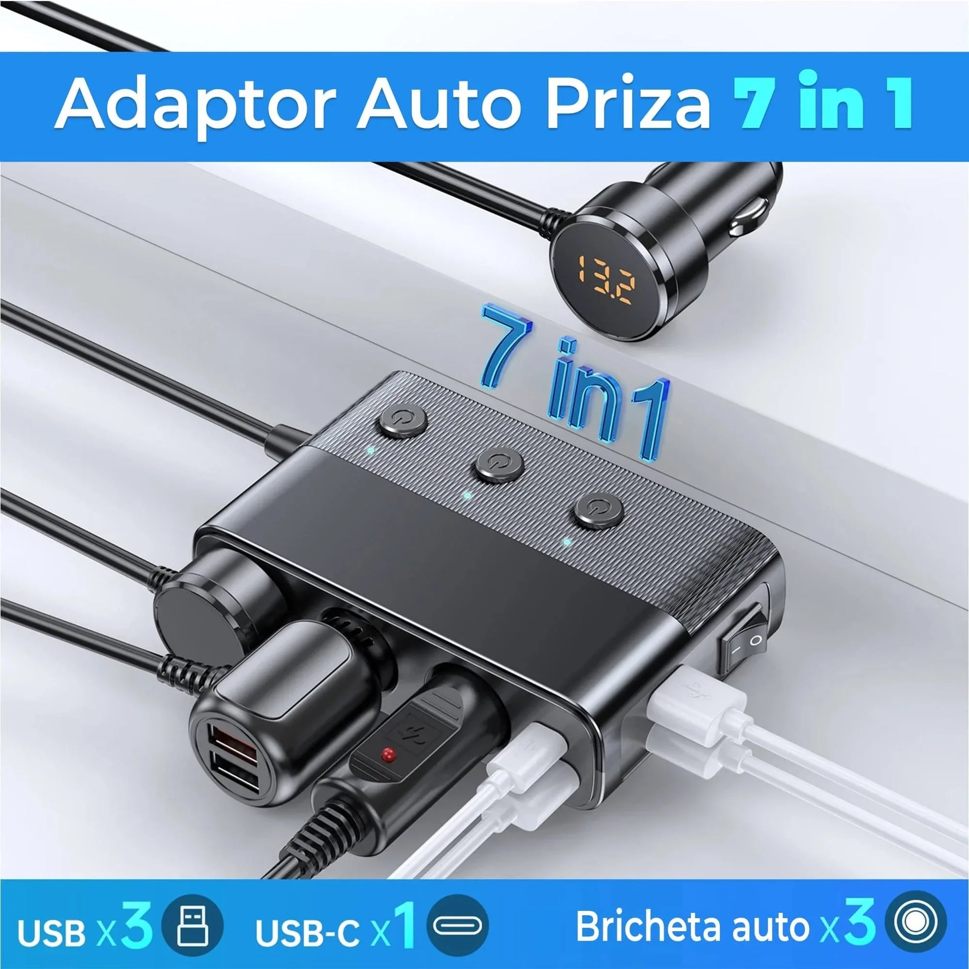 Adaptor priza Timebox, incarcator auto 7 in 1 multiplicator 128W, 3x soclu auto, 3 x USB, Q,C 3,0, 1 x USB-C, afisaj display voltaj, Negru - 221.ro