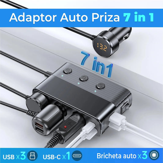 Adaptor priza Timebox, incarcator auto 7 in 1 multiplicator 128W, 3x soclu auto, 3 x USB, Q,C 3,0, 1 x USB-C, afisaj display voltaj, Negru - 221.ro