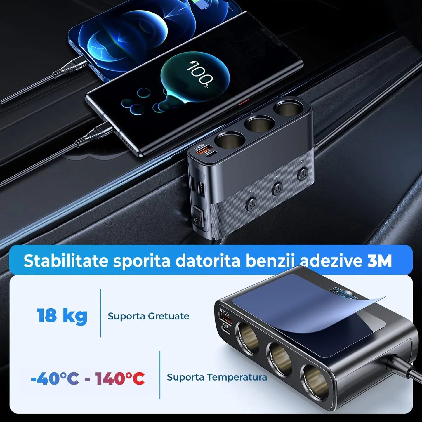Adaptor priza Timebox, incarcator auto 7 in 1 multiplicator 128W, 3x soclu auto, 3 x USB, Q,C 3,0, 1 x USB-C, afisaj display voltaj, Negru - 221.ro