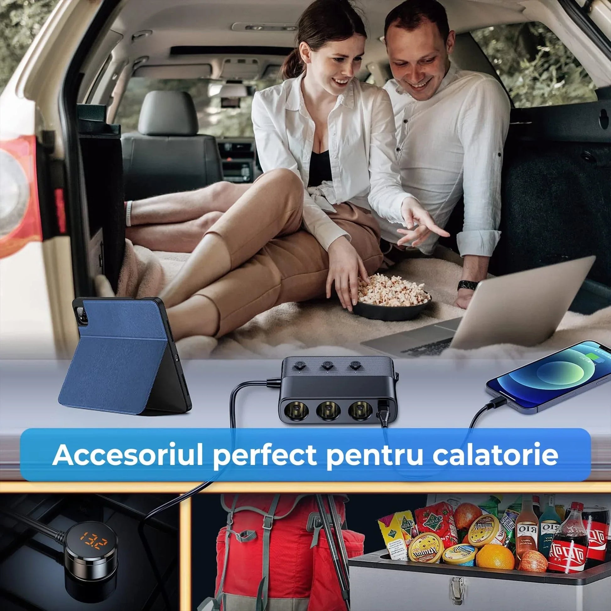 Adaptor priza Timebox, incarcator auto 7 in 1 multiplicator 128W, 3x soclu auto, 3 x USB, Q,C 3,0, 1 x USB-C, afisaj display voltaj, Negru - 221.ro