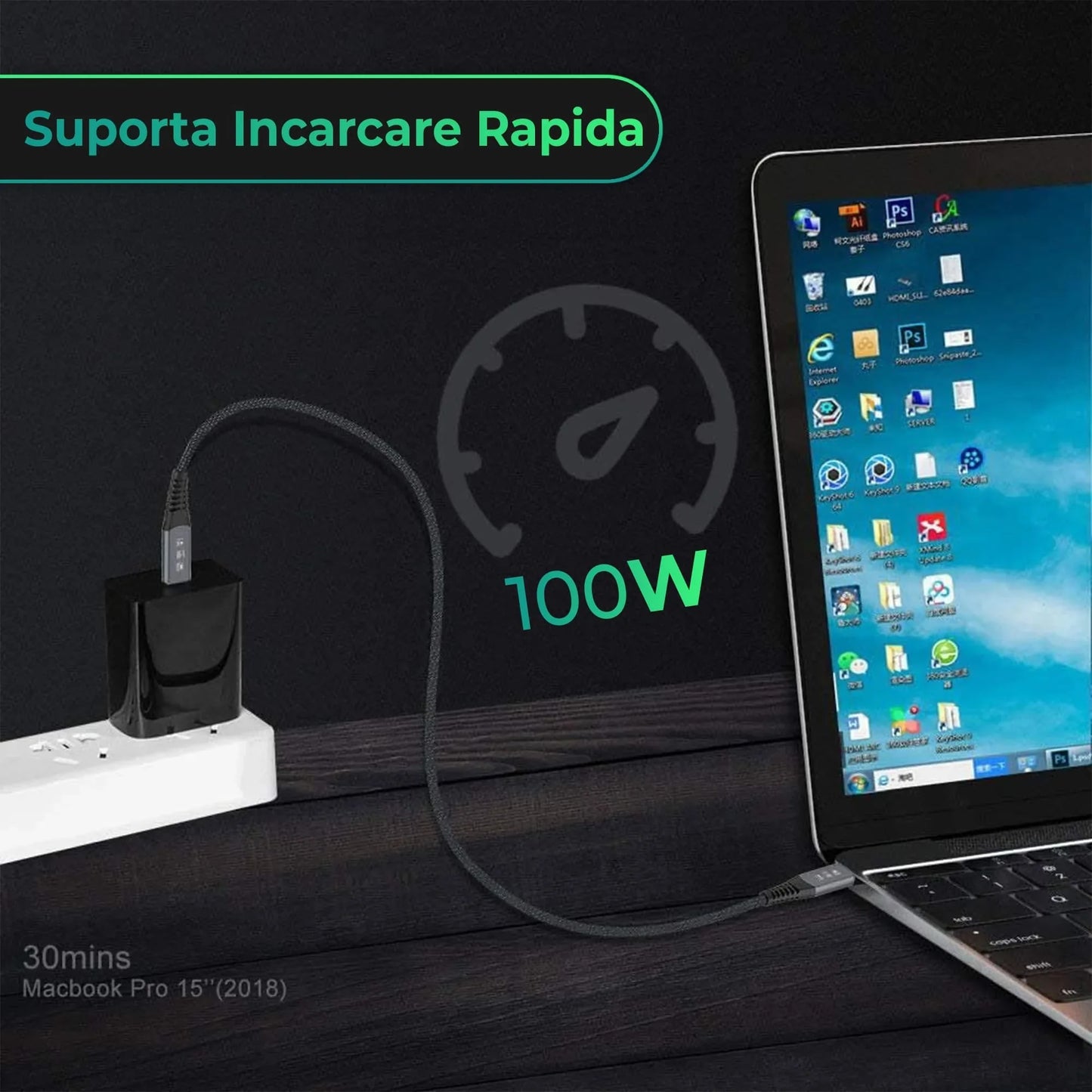 Cablu de date si Incarcare Rapida Timebox, Type-C la Type-C, 100W, 1,2m, USB4