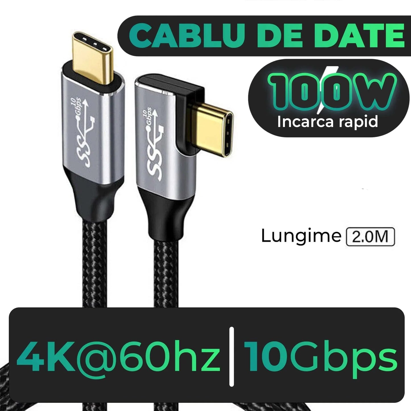 Cablu de date si Incarcare Rapida Timebox, Type-C la Type-C, 100W, 2m, USB3, Gri