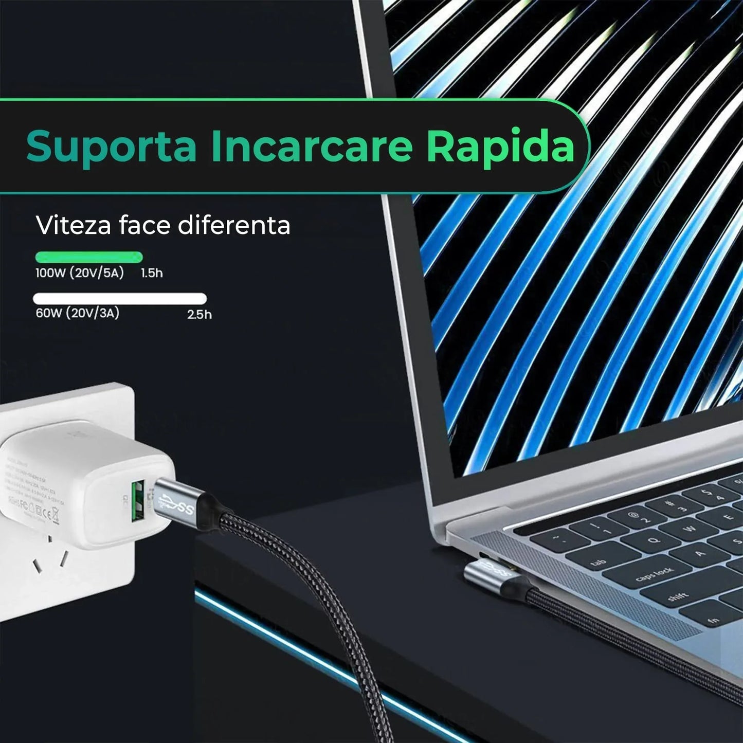 Cablu de date si Incarcare Rapida Timebox, Type-C la Type-C, 100W, 2m, USB3, Gri