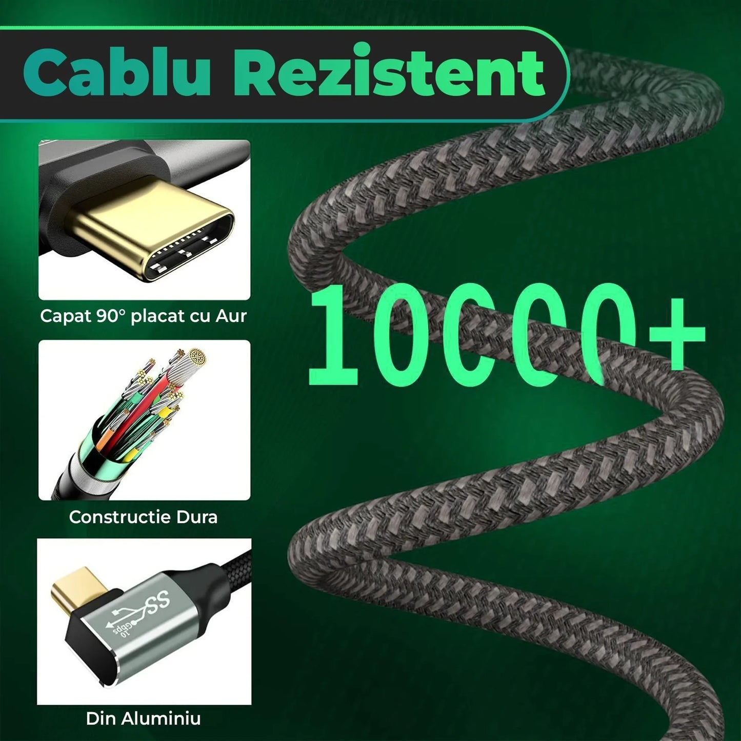 Cablu de date si Incarcare Rapida Timebox, Type-C la Type-C, 100W, 2m, USB3, Gri