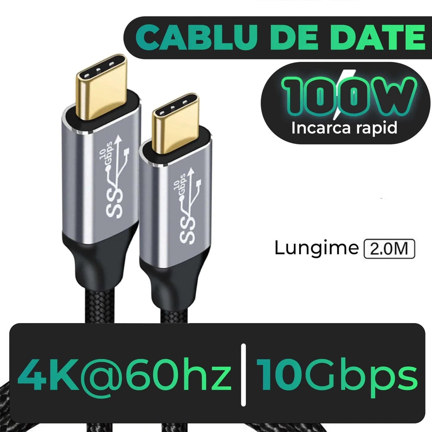 Cablu de date si Incarcare Rapida Timebox, Type-C la Type-C, 100W, 2m, USB3