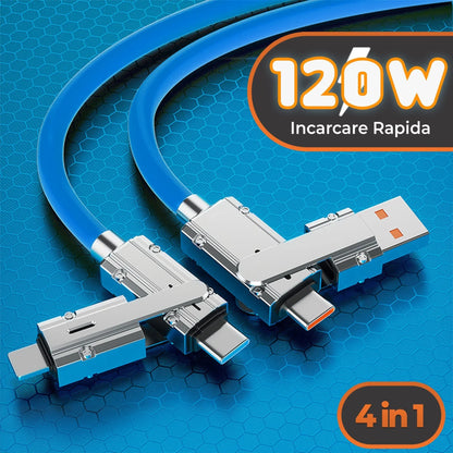 Cablu Date si Incarcare Rapida Timebox, 4 in 1, 120W, 1,2m, QC 3, USB, Albastru