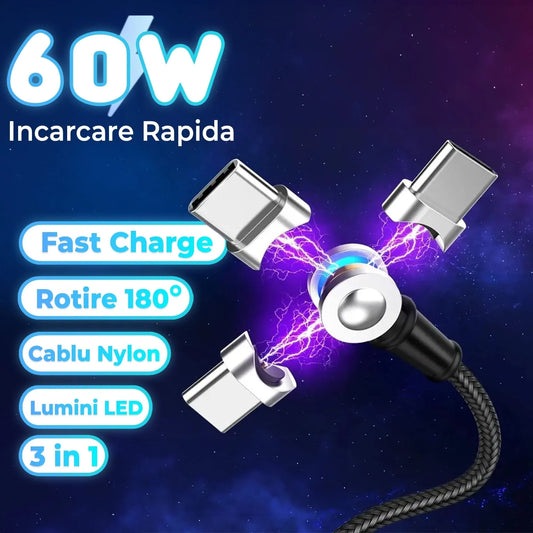 Cablu de incarcare si transfer de date 3 in 1, Timebox, Magnetic, Fast Charge 60W, Lightning, Type-C, Micro-USB, USB, Nailon, 1m, Rotatie 180 grade, LED - 221.ro