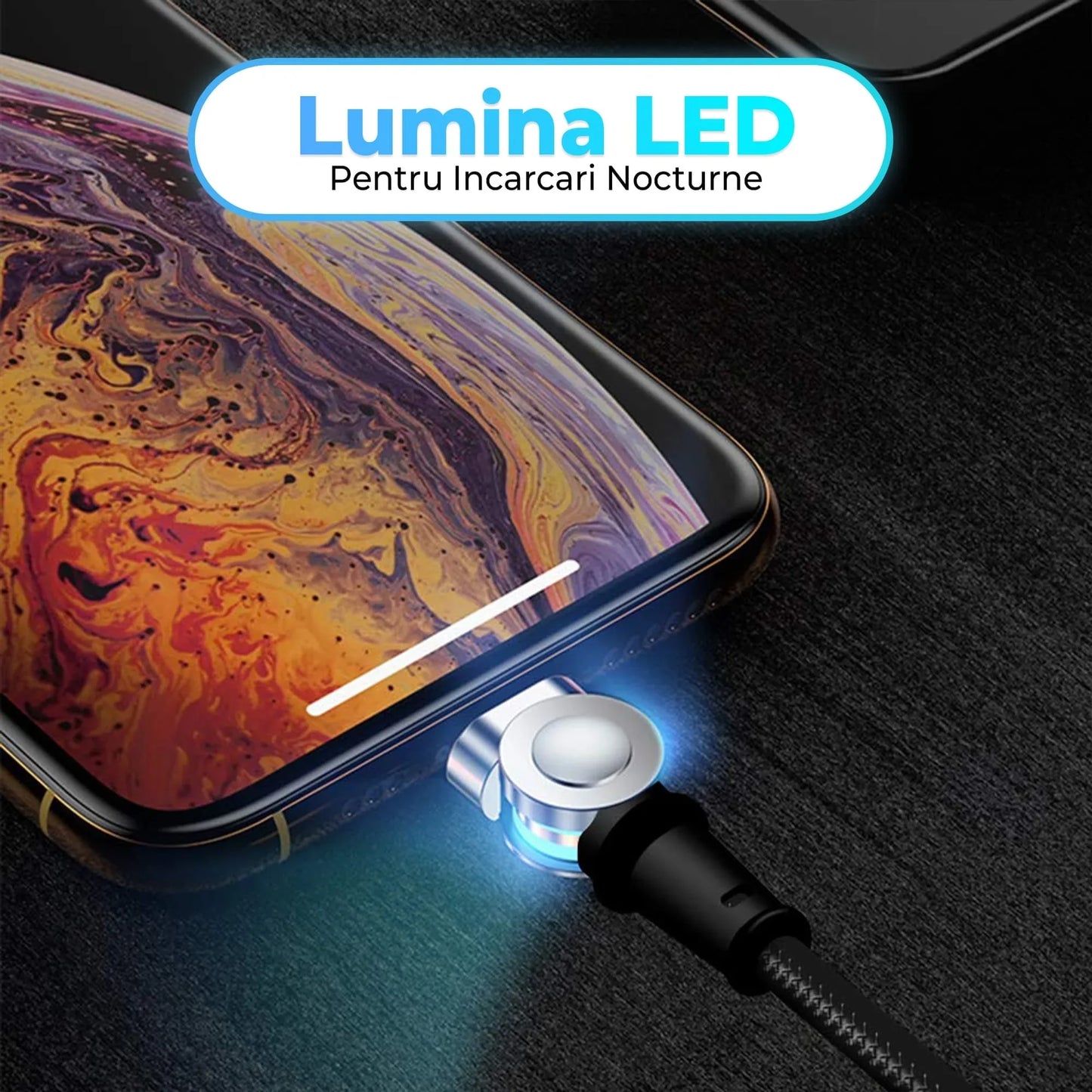 Cablu de incarcare si transfer de date 3 in 1, Timebox, Magnetic, Fast Charge 60W, Lightning, Type-C, Micro-USB, USB, Nailon, 1m, Rotatie 180 grade, LED - 221.ro