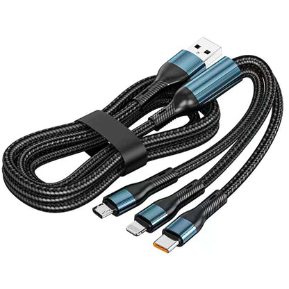 Cablu de date si incarcare Rapida Timebox, 3 in 1, 120W, Nailon, USB, Albastru