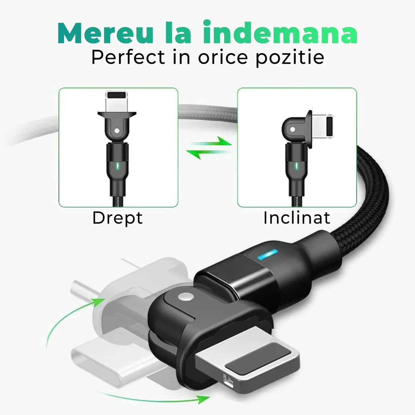 Cablu Date si Incarcare Rapida Timebox, 60W, 2m, Rotire 180 grade, QC 3, Negru