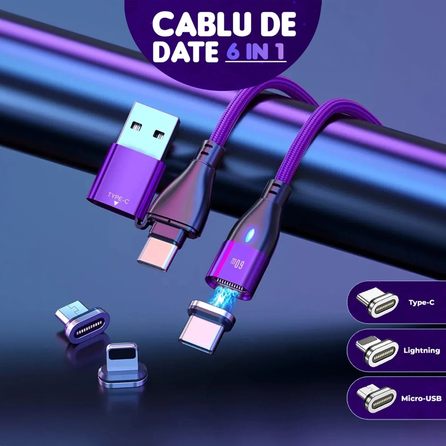 Cablu de date si Incarcare Rapida Timebox, 6 in 1, 60W, 2m, QC 3, Magnetic, Mov