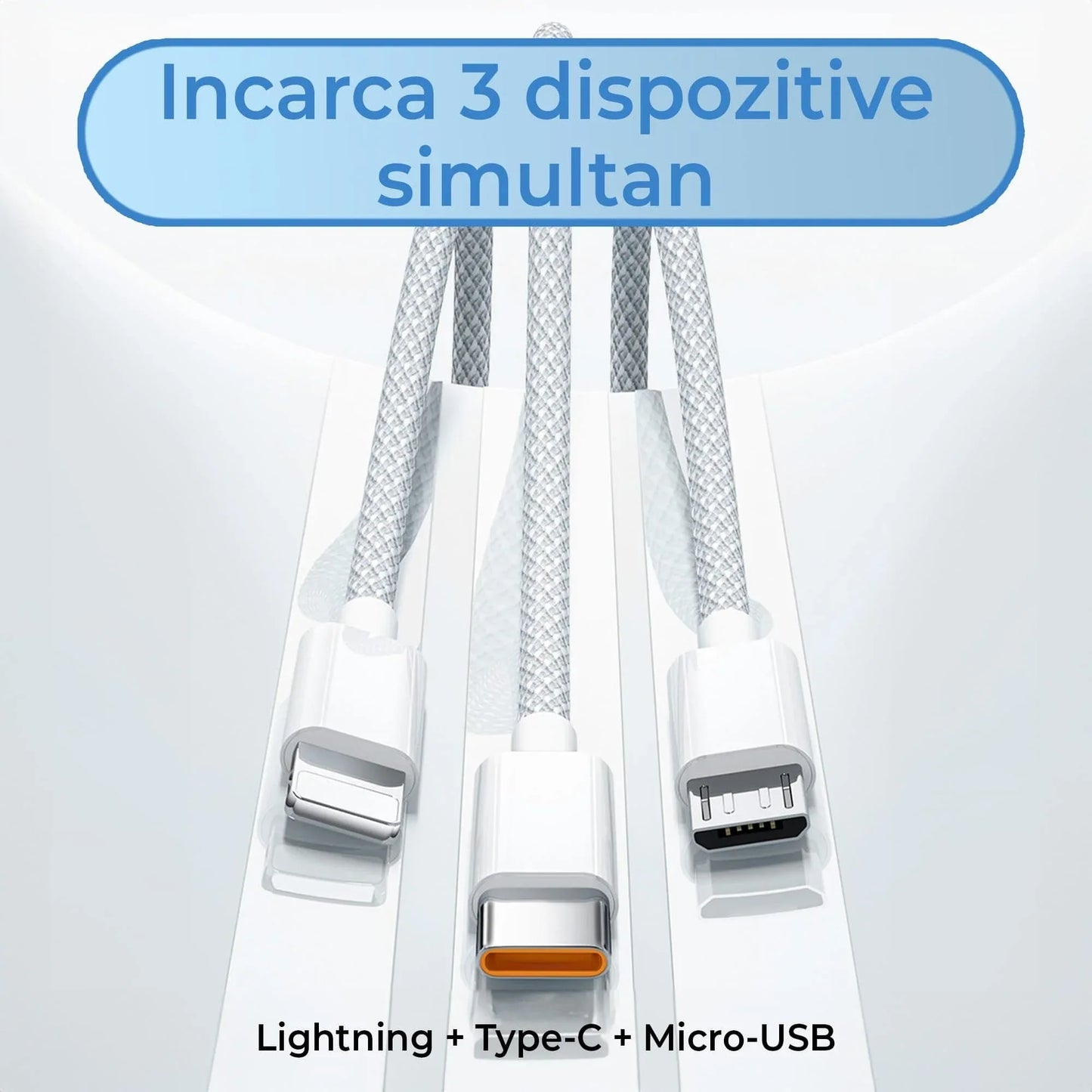 Cablu Date si Incarcare Rapida Timebox, 3 in 1, 66W, 1,2m, QC 3, USB, Gri