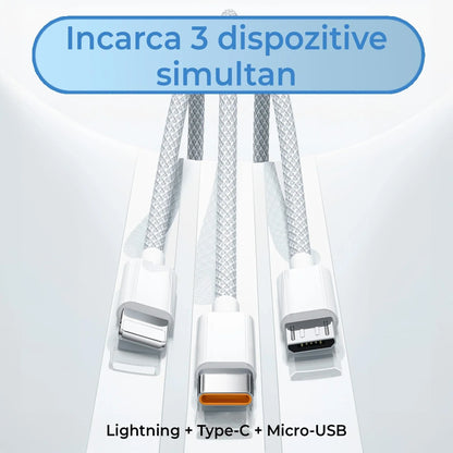 Cablu Date si Incarcare Rapida Timebox, 3 in 1, 66W, 1,2m, QC 3, USB, Gri
