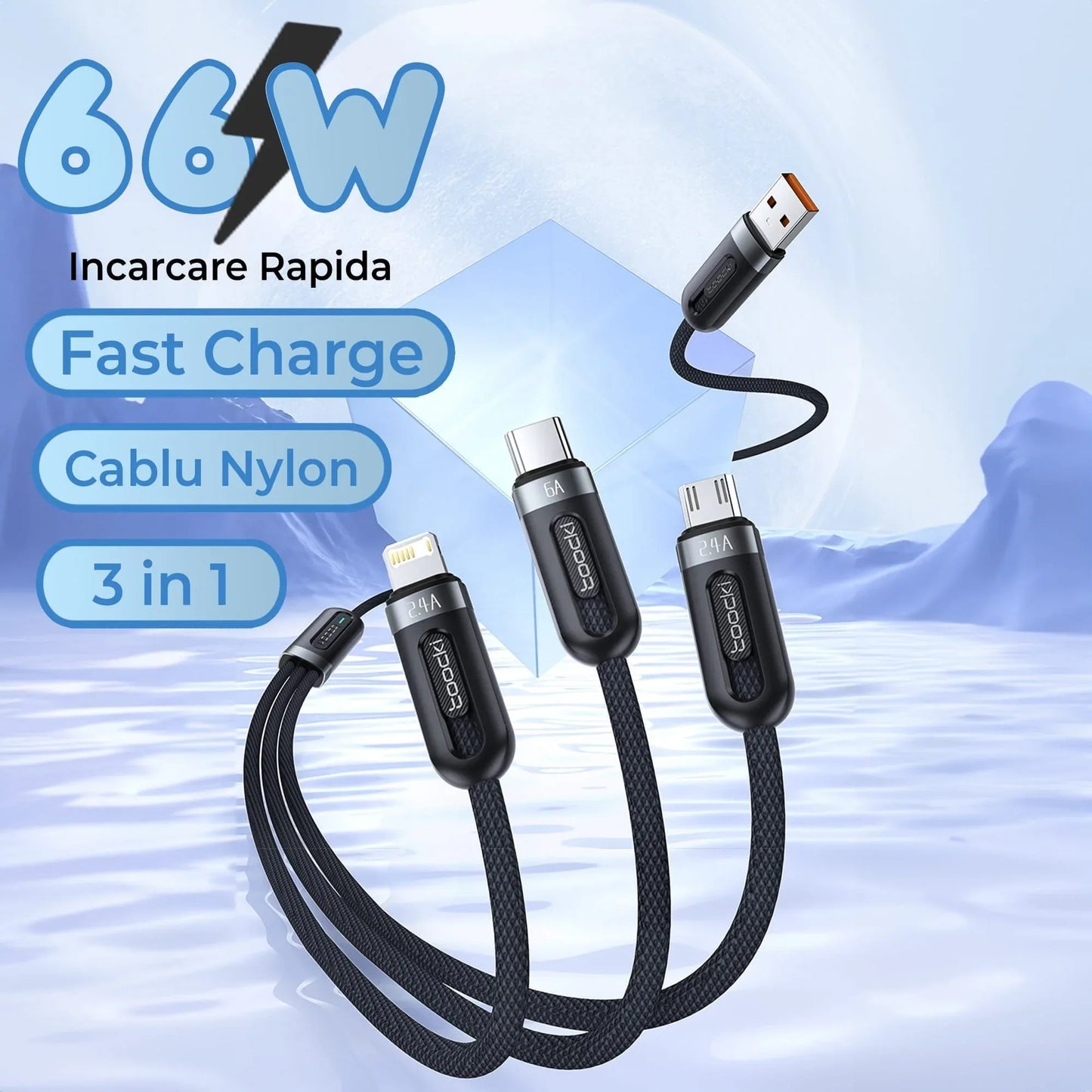 Cablu Date si Incarcare Rapida Toocki, 3 in 1, 66W, 1,2m, QC 3, USB, Negru