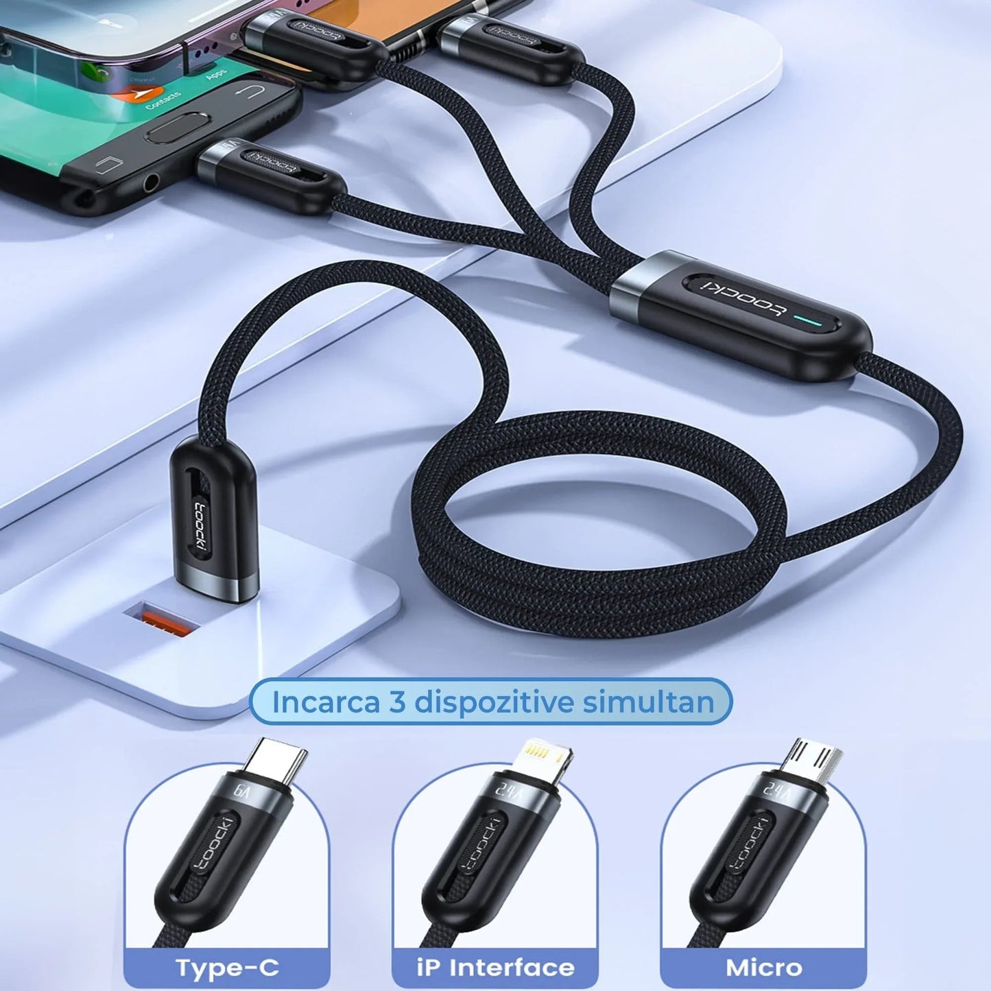 Cablu Date si Incarcare Rapida Toocki, 3 in 1, 66W, 1,2m, QC 3, USB, Negru