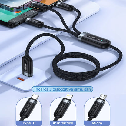 Cablu Date si Incarcare Rapida Toocki, 3 in 1, 66W, 1,2m, QC 3, USB, Negru
