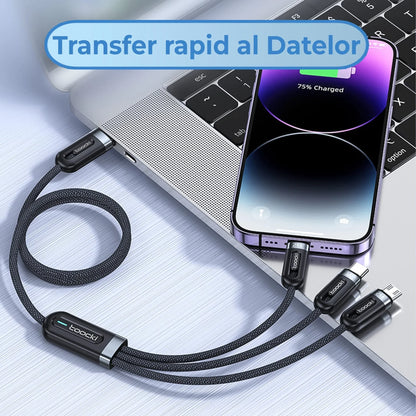 Cablu Date si Incarcare Rapida Toocki, 3 in 1, 66W, 1,2m, QC 3, USB, Negru