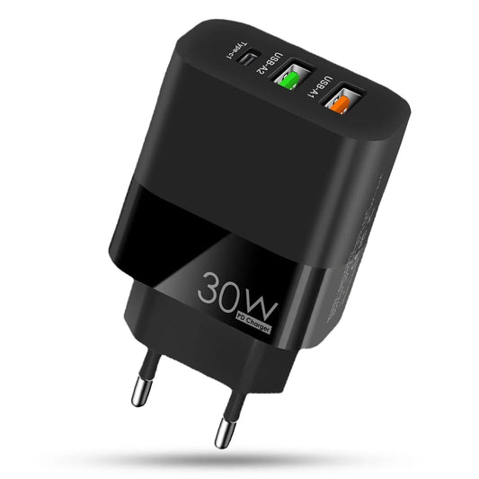 Incarcator Retea Timebox, 3 Porturi, 30W, 1 x Type-C, 2 x USB, LED, Negru