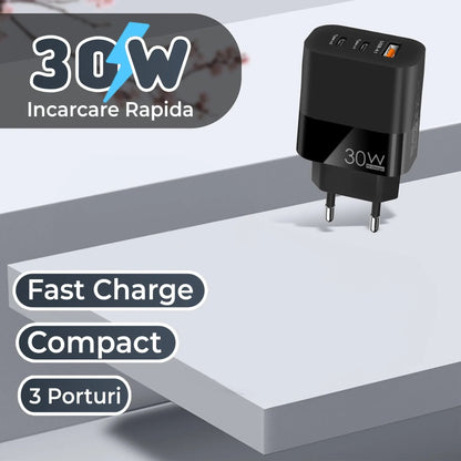 Incarcator Retea Timebox, 3 Porturi, 30W, 1 x Type-C, 2 x USB, LED, Negru