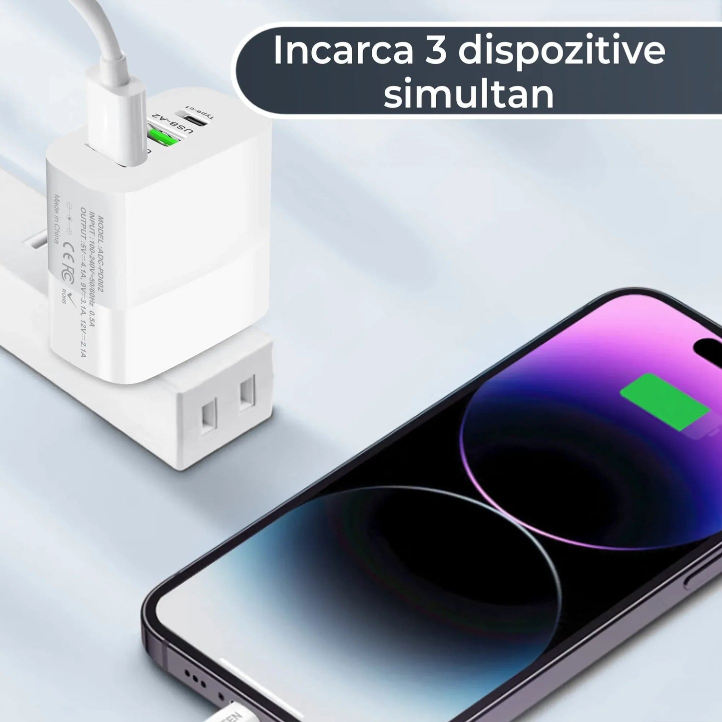 Incarcator Retea Timebox, 3 Porturi, 30W, 1 x Type-C, 2 x USB, LED, Negru