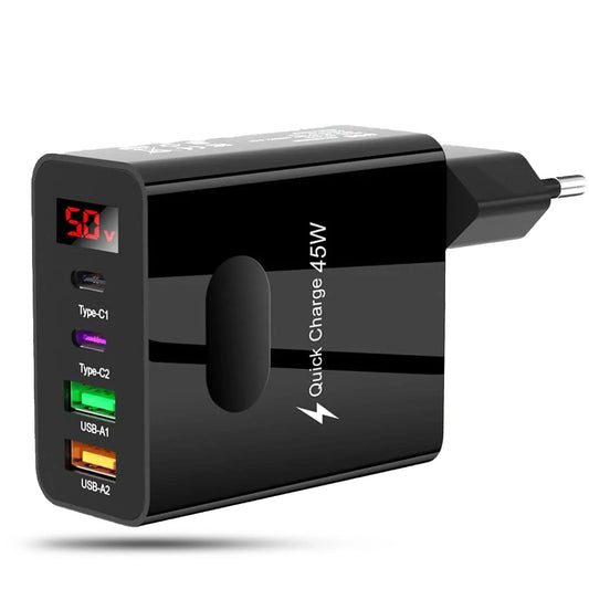 Incarcator Retea Timebox, 4 Porturi, 45W, 2 x Type-C, 2 x USB, Negru