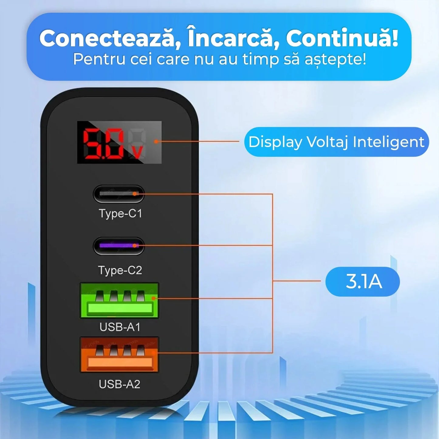 Incarcator Retea Timebox, 4 Porturi, 45W, 2 x Type-C, 2 x USB, Negru