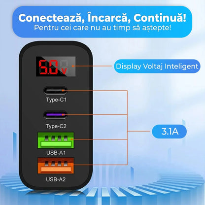 Incarcator Retea Timebox, 4 Porturi, 45W, 2 x Type-C, 2 x USB, Negru