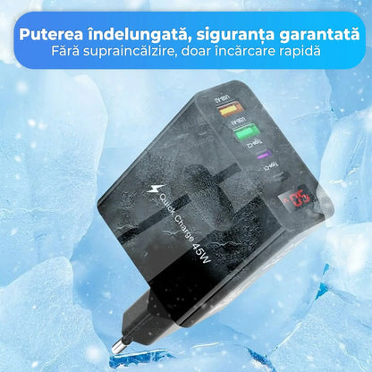 Incarcator Retea Timebox, 4 Porturi, 45W, 2 x Type-C, 2 x USB, Negru