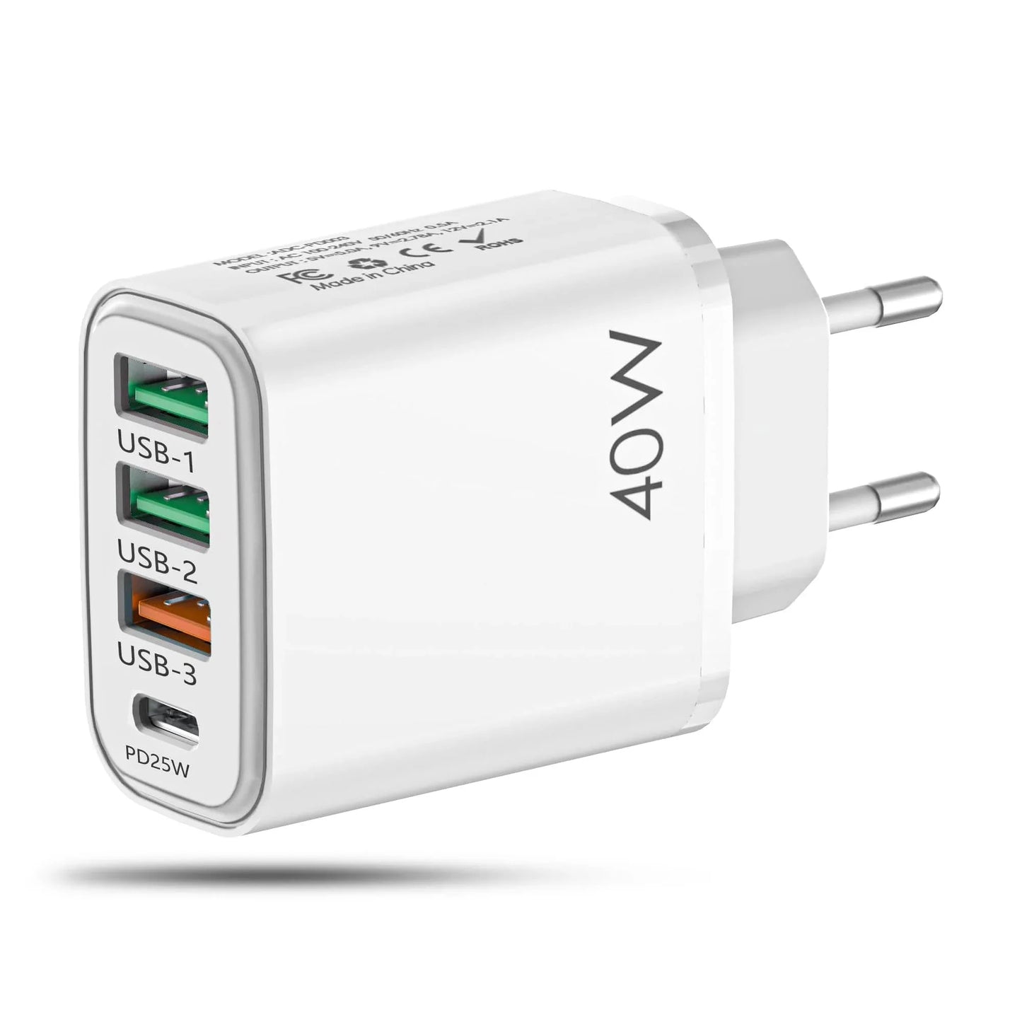 Incarcator Retea Timebox, 4 Porturi, 40W, 1 x Type-C, 3 x USB, Alb
