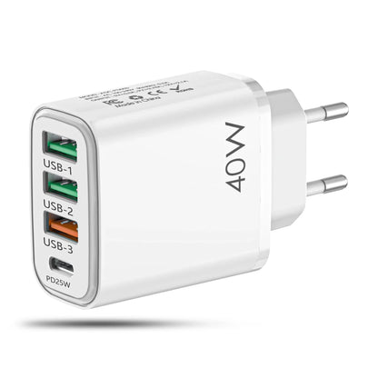 Incarcator Retea Timebox, 4 Porturi, 40W, 1 x Type-C, 3 x USB, Alb