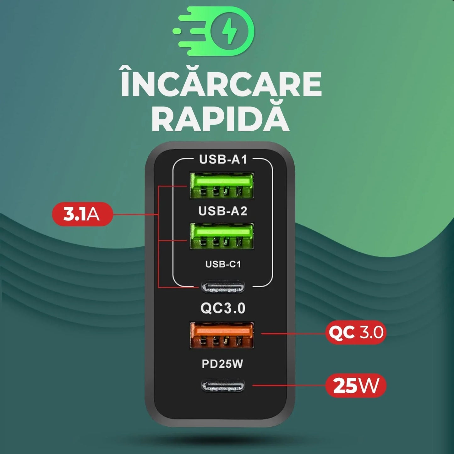 Incarcator Retea Timebox, 5 Porturi, 65W, 3 x USB, 2 x Type-C, QC 3, Negru