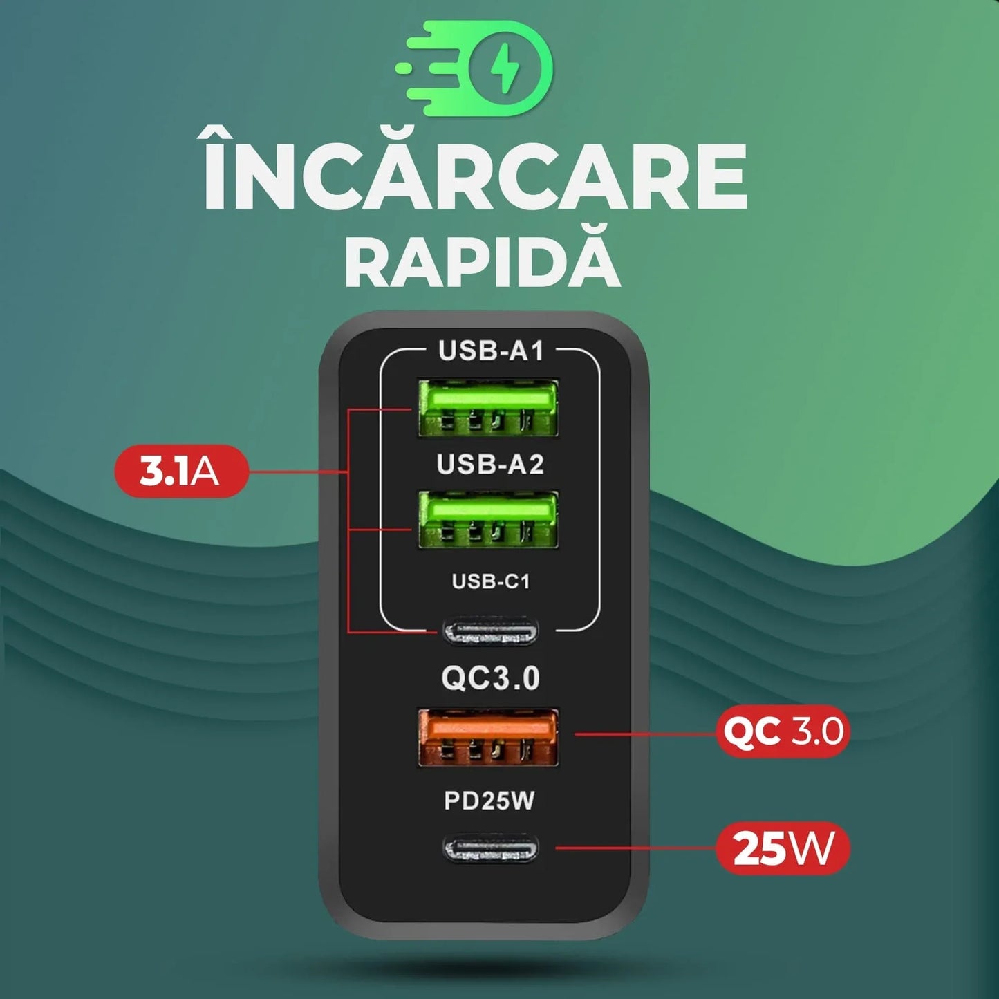 Incarcator Retea Timebox, 5 Porturi, 65W, 3 x USB, 2 x Type-C, QC 3, Alb