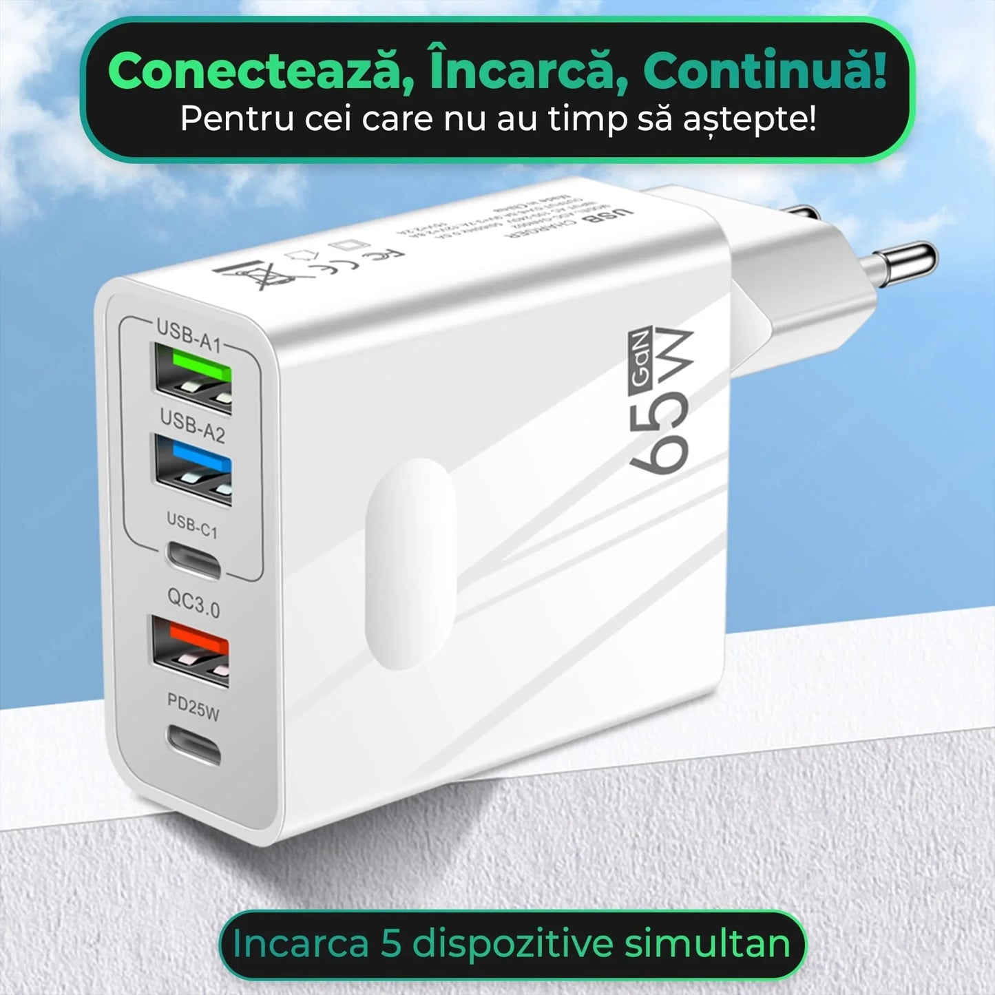 Incarcator Retea Timebox, 5 Porturi, 65W, 3 x USB, 2 x Type-C, QC 3, Alb
