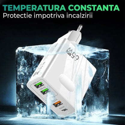 Incarcator Retea Timebox, 5 Porturi, 65W, 3 x USB, 2 x Type-C, QC 3, Alb