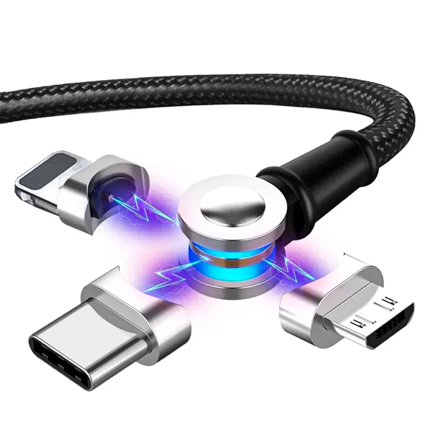 Cablu de incarcare si transfer de date 3 in 1, Timebox, Magnetic, Fast Charge 60W, Lightning, Type-C, Micro-USB, USB, Nailon, 1m, Rotatie 180 grade, LED - 221.ro