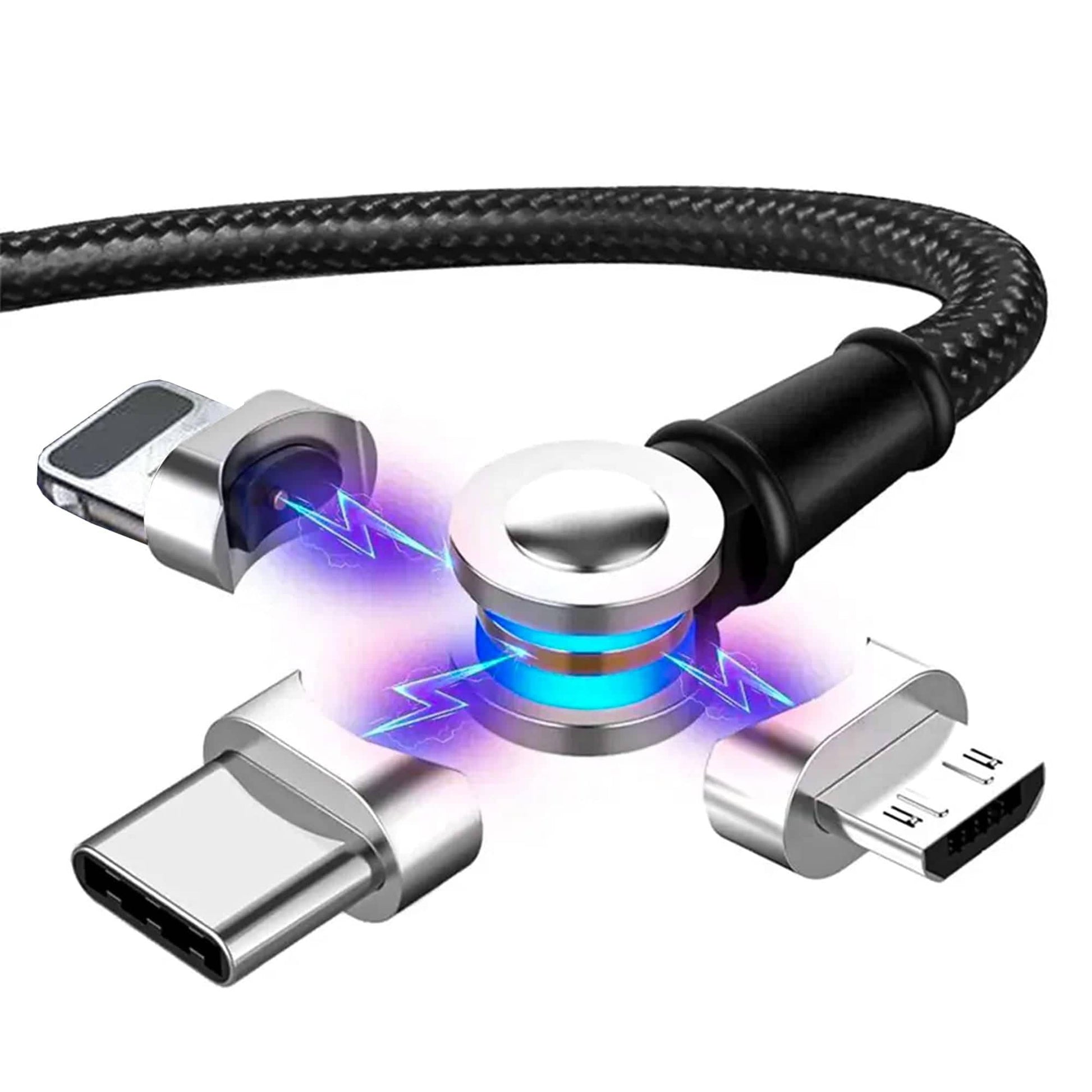 Cablu de incarcare si transfer de date 3 in 1, Timebox, Magnetic, Fast Charge 60W, Lightning, Type-C, Micro-USB, USB, Nailon, 1m, Rotatie 180 grade, LED - 221.ro