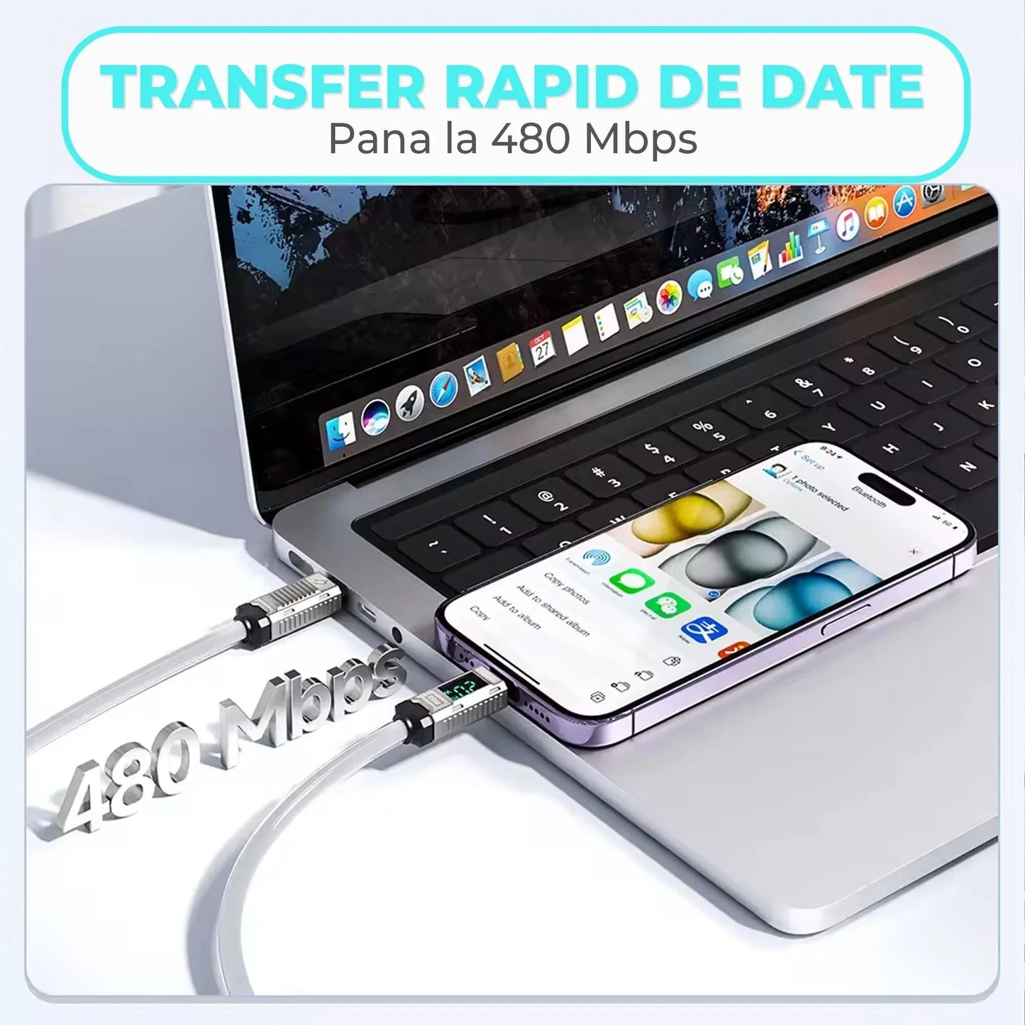 Cablu de Incarcare si Transfer de Date Timebox, USB-C la Lightning, 2m, Alb