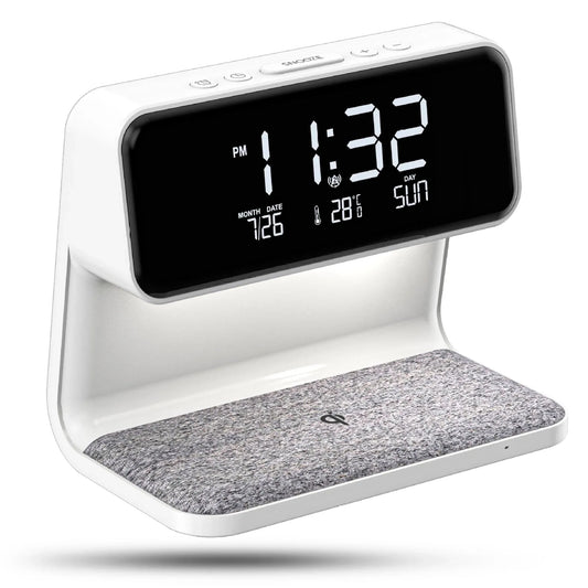 Incarcator Wireless Timebox, 10W, cu ceas digital si alarma, Alb