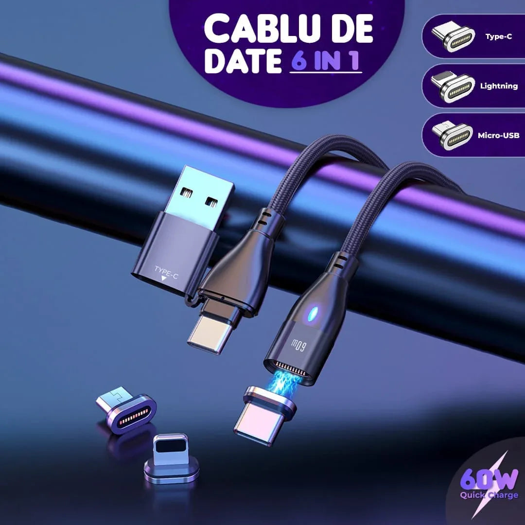 Cablu de date si Incarcare Rapida Timebox, 6 in 1, 60W, 1m, QC 3, Negru