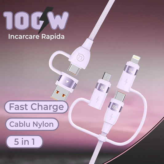 Cablu Date si Incarcare Rapida Usams, 5 in 1, 100W, 1,2m, QC 3, USB, Type-C, Roz